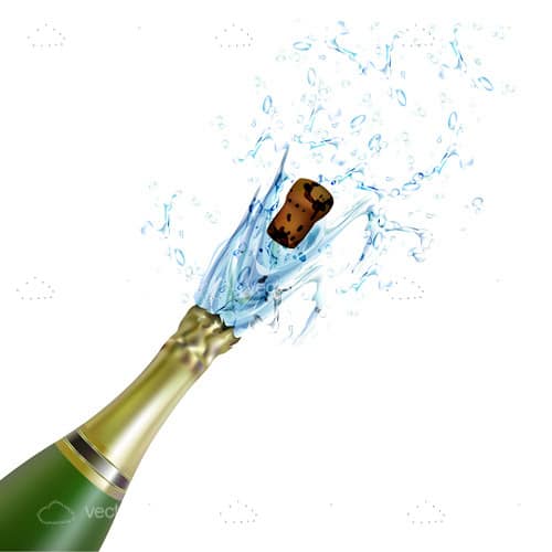 Champagne Bottle with Splashing Champagne and Cork